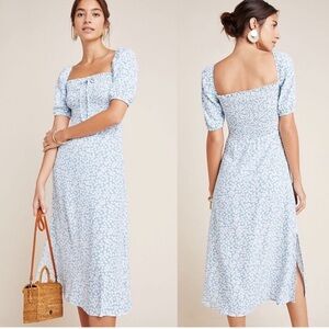 Faithfull The Brand Bella Floral Print Midi Dress Milkmaid Blue White Med $198